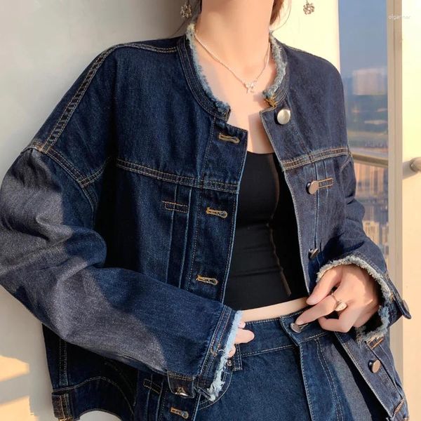 Giacche da donna Giacca in denim con bordo in lana blu scuro monopetto lavato retrò classico per l'autunno edizione coreana vestibilità ampia