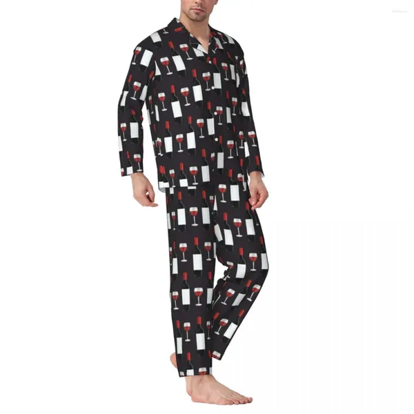 Masculino sleepwear padrão de vinho pijama conjunto vermelho impressão romântico unisex manga longa vintage noite 2 peças nightwear tamanho grande 2xl