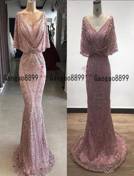 2020 Arapça Mütevazı Denizkızı Akşam Dressessy V Boyun Tam Dantel Balo Elbiseleri Yarım Uzun Kollu Resmi Balo Kıyısı Ucuz Vestidos De4241697