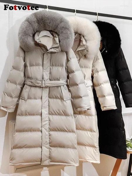 Женские плащи Fovotee 90, куртка на утином пуху, женская куртка с капюшоном, утолщенные теплые длинные зимние парки, корейская мода, пуховик, элегантное пальто