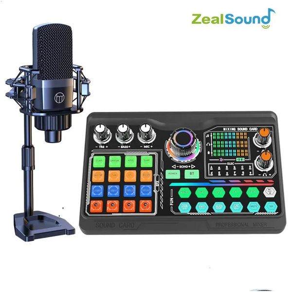 Microfones Zealsound Podcast Microfone Soundcard Kit para PC Smartphone Laptop Computador Vlog Gravação ao vivo Streaming Dr Otme4
