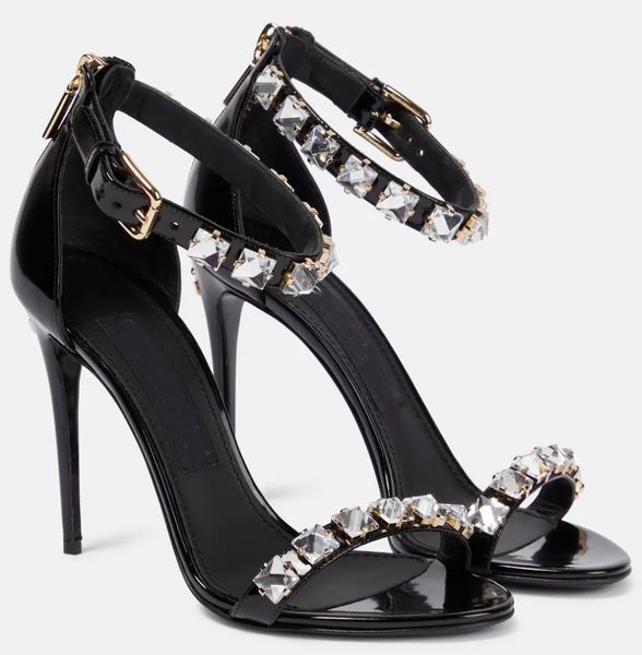 Marcas luxuosas de verão Keira Dress Shoes Polido Bezerro Couro Bombas Senhora Stiletto Heel Strass Studs Ankle Strap Casamento Nupcial EU35-43.Com caixa