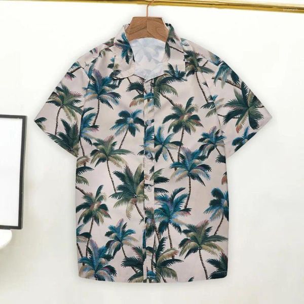 Camisas casuais masculinas camisa de verão manga curta solta turn-down colarinho árvore impressão single-breasted estilo havaiano férias férias praia