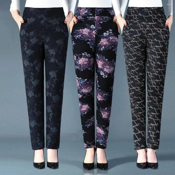 Pantaloni da donna Donna in cotone imbottito 2024 Autunno Inverno Pantaloni a vita alta Abbigliamento per la mamma Stampa in cotone imbottito femminile