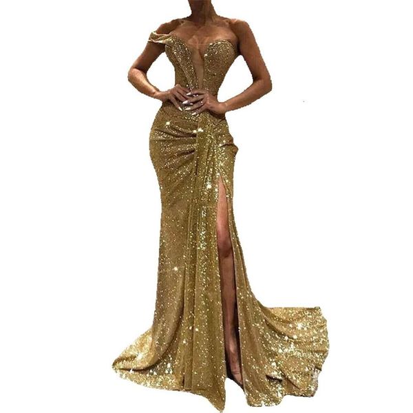 Sereia vestidos de noite longos lado alto sexy ouro split sparkly lantejoulas vestidos de festa de baile profundo decote em v um ombro fora glitter celebridade gg