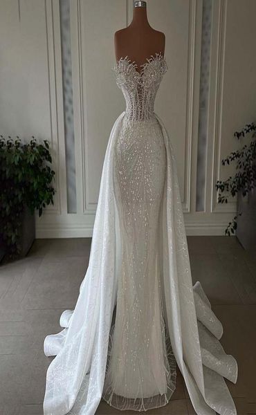 Sparkly lantejoulas sereia vestido de casamento para noiva querida pescoço rendas contas vestido de noiva sereia charmoso9285436
