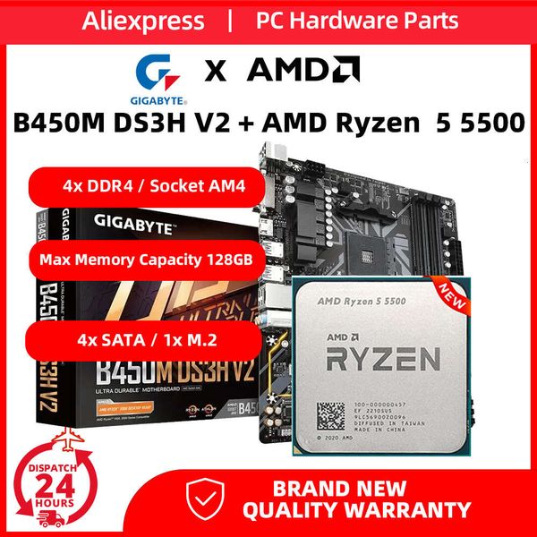 Новая материнская плата GIGABYTE B450M DS3H V2 + комплект процессора AMD Ryzen 5 5500 DDR4 Материнская плата AMD B450 с поддержкой макс. 128 ГБ ОЗУ и серии R5