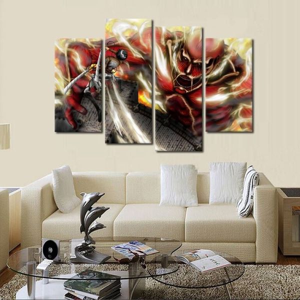 4 pçs / set Unframed Attack on Titan Fighting Anime Poster Impressão em tela Pintura de arte de parede Imagem de arte para casa e sala de estar 2809