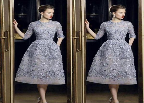 Abiti da sera Elie Saab Abiti eleganti in pizzo con applicazioni ALine Abiti da ballo 34 Maniche lunghe Lunghezza tè Vestito formale sexy da celebrità Cus5725861