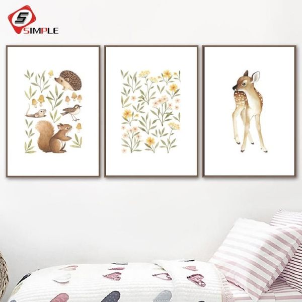 Dipinti Nursery Woodland Wall Art Scoiattolo Cervo Tela Pittura Fiori Poster e stampe Piccoli animali della foresta Immagini per Liv250F