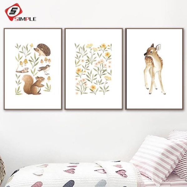 Dipinti Nursery Woodland Wall Art Scoiattolo Cervo Tela Pittura Fiori Poster e stampe Piccoli animali della foresta Immagini per Liv255a