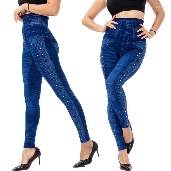 Kadın Tozluk Sıska Pencil Pantolon Kadın Yüksek Bel Faux Denim Jean İnce Elastik Egzersiz Jeggings Leggins Mavi Siyah