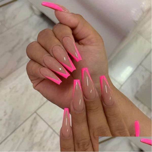 Unghie finte 24 pezzi lunghe finte bara ballerina rosa rossa francese Fl Er stampa sulle unghie unghie manicure consegna goccia Dhbnv