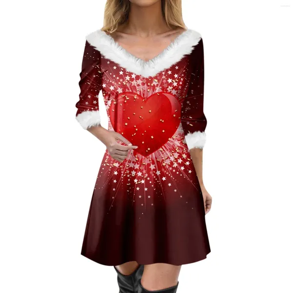 Freizeitkleider Damenmode V-Ausschnitt Abendkleid Schlankes Kleid Valentinstag Liebe Gedruckt Langarm Min Elegantes Kleid