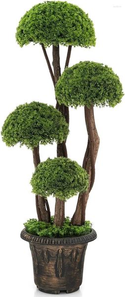Flores decorativas 3 pés artificial cipreste topiaria bola árvore interior ao ar livre falso boxwood com tronco de rattan planta de vegetação falsa