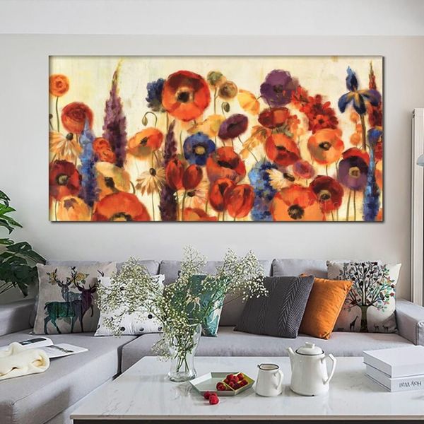 Decoração de parede flores pinturas de arte abstrata alegre jardim lona reprodução a óleo de alta qualidade pintado à mão arte moderna para offici253j