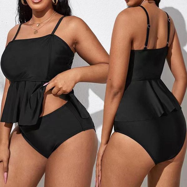 Tankinis femininos de cor sólida divididos 2 peças alça espaguete babados vestido de praia com calcinha costas nuas trajes de banho plus size