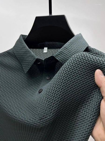 Polos masculinos high end marca camiseta manga curta topo verão moda negócios gelo seda respirável lapela casual camisa polo roupas