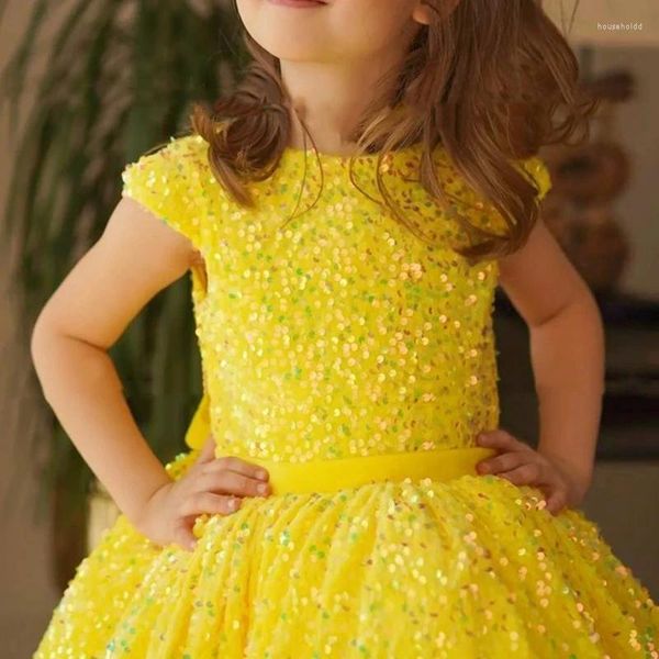 Vestidos de menina amarelo curto criança flor vestido lantejoulas brilhante sem mangas festa de aniversário de natal para crianças inchado primeira comunhão