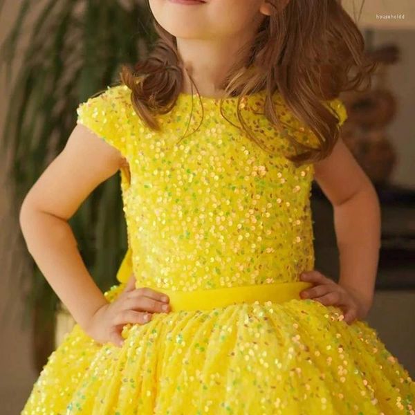 Abiti da ragazza Abito corto giallo a fiori per bambini Paillettes Lucido senza maniche Festa di compleanno di Natale per bambini Prima comunione gonfia