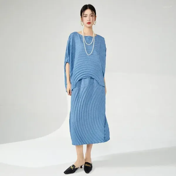 Рабочие платья Miyake, прочный комплект с юбкой нерегулярного дизайна, модная корейская весенне-осенняя свободная футболка из двух предметов, топ с разрезом пополам
