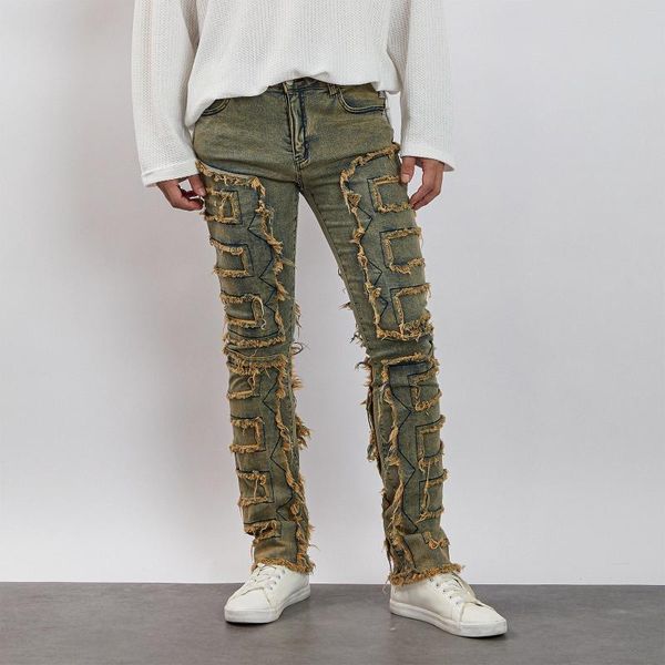 Erkek kot pantolon erkek sıska pantolonlar vintage yama yıpranmış denim bahar sonbahar cazip tozluk pantolonları Cepler sokak kıyafetleri
