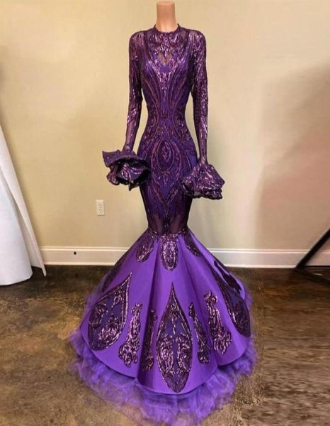 Roxo lantejoulas vestidos de baile com alargamento mangas completas camada inferior cetim formal sereia vestidos de noite sexy ver através dos vestidos party1261634