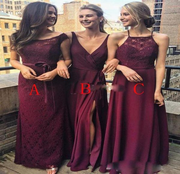 Borgonha barato uma linha vestidos de dama de honra estilo diferente longo chiffon vestidos de dama de honra 201832822711707072