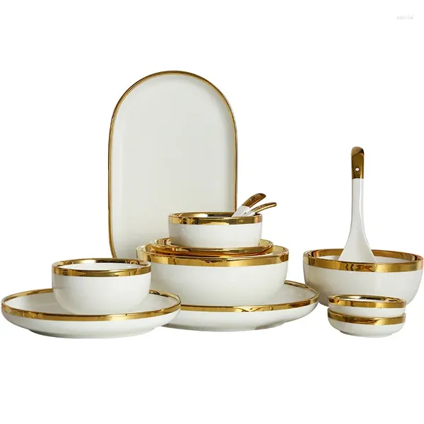 Pratos de luxo estilo nórdico ouro aro crokery osso fino china talheres porcelana cerâmica pratos louça jantar conjunto