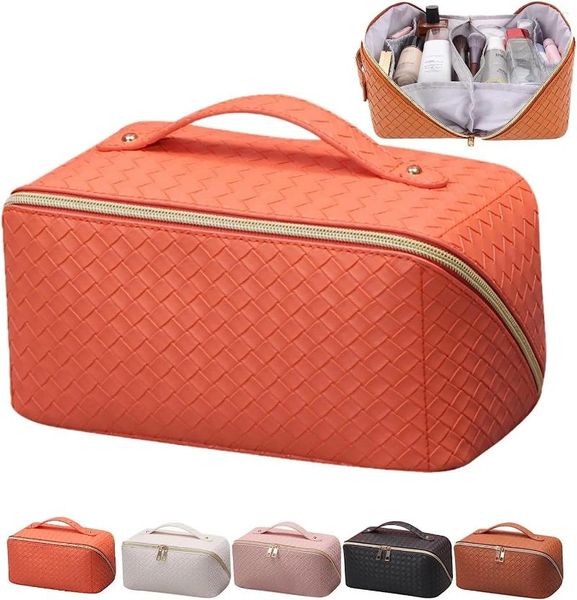 Borse per cosmetici Borsa da viaggio di grande capacità-Borsa per trucco in pelle PU con scomparti per riporre partizioni impermeabili