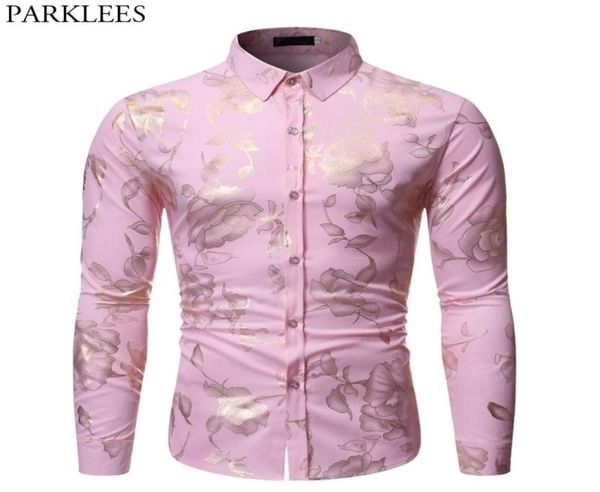 Camicia rosa con stampa oro rosa Camicia da uomo elegante slim fit manica lunga Camicie eleganti da uomo Party Wedding Club Social Chemise Homme 2103237614958 QZ5P