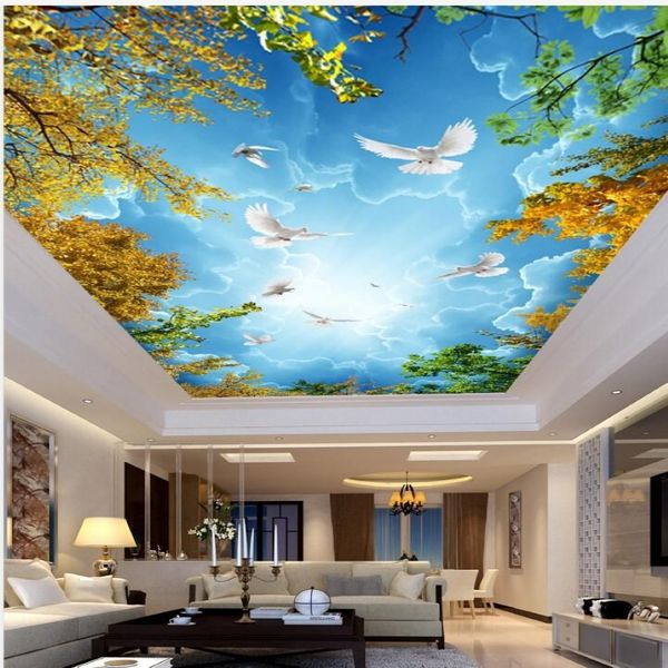 Soffitto Pittura murale Soggiorno Camera da letto Carta da parati Decorazioni per la casa Bellissimi rami cielo azzurro e nuvole bianche soffitto mura252l