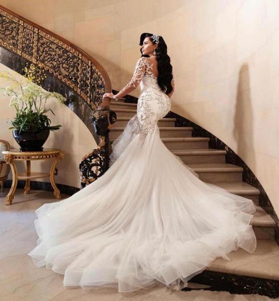 Lussuosi 2020 abiti da sposa arabi sexy sirena che borda ricami abiti da sposa collo trasparente maniche lunghe abiti da sposa Vestido2589037