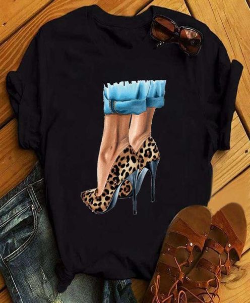 ZOGANKIN Frauen Schwarz T-shirt Sommer Neue Mode Leopard High Heel Kurzarm Print Kleidung Damen Grafik Tops Weibliche Kleidung X1125912