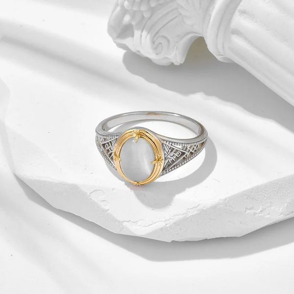 LAMOON Роскошное винтажное кольцо с опалом «кошачий глаз» для женщин, стерлинговое серебро 925 пробы, двойной цвет K, позолоченные, антикварные ювелирные изделия 240220
