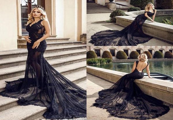 Abiti da sposa a sirena in pizzo nero gotico 2021 Vedere attraverso tulle Abiti da sposa lunghi vintage applicati senza spalline sexy aperti Ba4380142