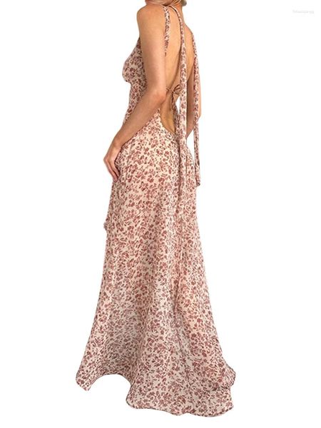 Vestidos casuais edhomenn mulheres alta divisão vestido longo chique vintage cetim maxi elegante backless floral espaguete cinta festa de verão