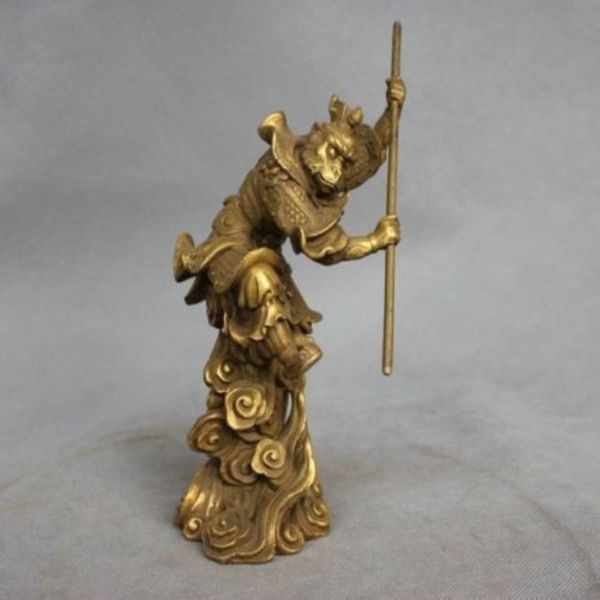 Cina Mito Bronzo Sun Wukong Monkey King Hold Stick Fight Statue288u