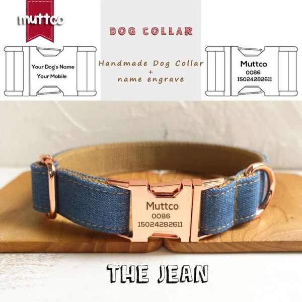 MUTTCO selbst entworfenes personalisiertes Haustierhalsband THE JEAN, handgefertigtes Halsband, 5 Größen, gravierte roségoldene Schnalle, Hundehalsband und Leine UDC035M280g