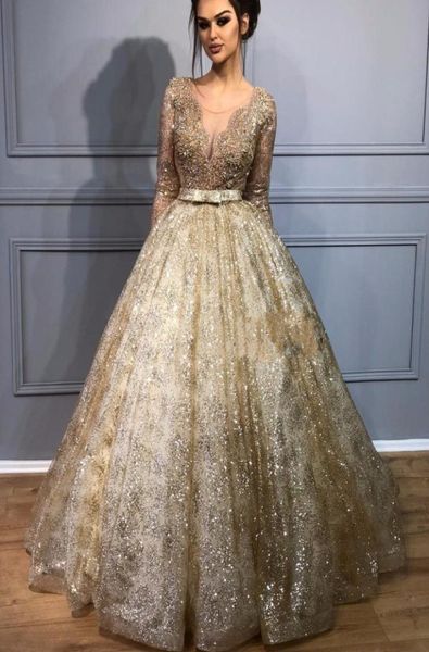 eklatante schiere Ballkleider 2019 Ballkleider Illusion Gold Perlen Spitze Schwere Perlen Abendkleider Lange Vestidos De Festa Graduat9129426