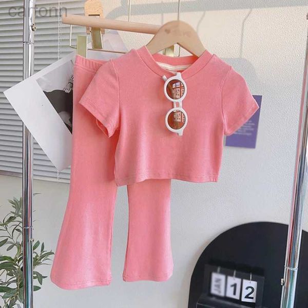 Conjuntos de roupas meninas conjuntos de roupas de verão roupa de manga curta camiseta tops calças kit bonito crianças calças ternos casuais 39t ldd240311