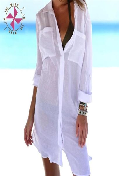 Rüzgarda kadınlar yaz plaj üstleri mayo örtbas uzun kollu beyaz pamuk cep düğmesi ön açık gömlek elbisesi 2107308537555