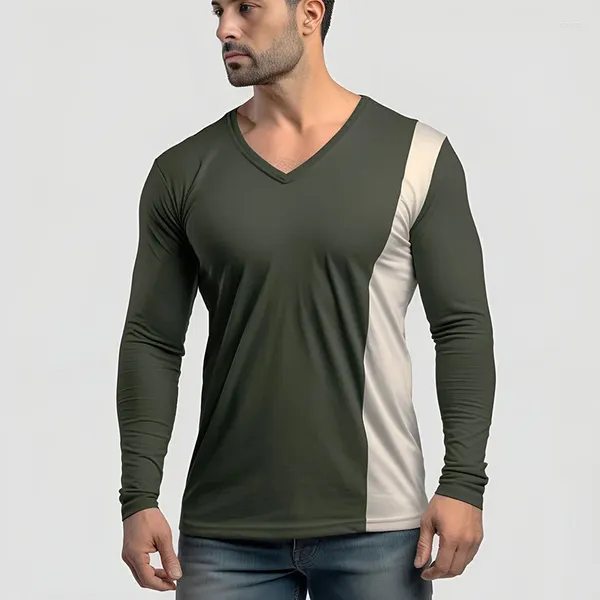 Herren-T-Shirts, europäisches und amerikanisches Schwergewichts-T-Shirt, britische Größe, lässig, farblich abgestimmt, V-Ausschnitt, lange Ärmel