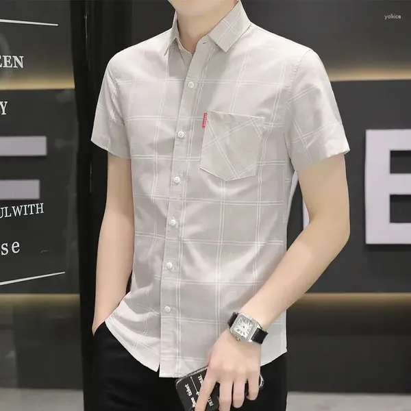 Camisas de vestido masculinas roupas superiores formais estilo coreano camisa xadrez e blusa com mangas de bolso em botão regular algodão xxl i