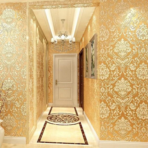 Goldene 3D-geprägte Tapete für Zuhause, Rolle, klassisches silbernes Blumenmuster, Wohnzimmer-Wandpapier, Schlafzimmer, TV-Hintergrund, Dekor264W