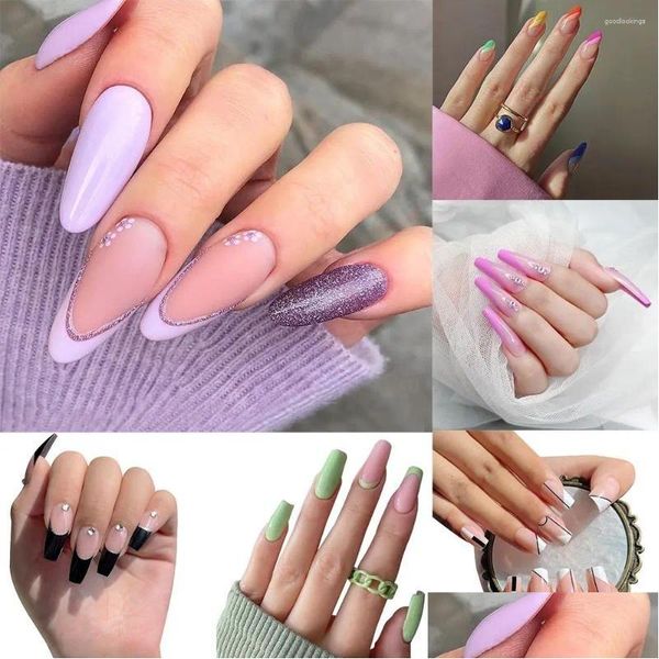 Накладные ногти фиолетового цвета с блестками миндаля, французские накладные длинные балерины, черные капли, доставка, здоровье, красота, маникюрный салон Otdu3