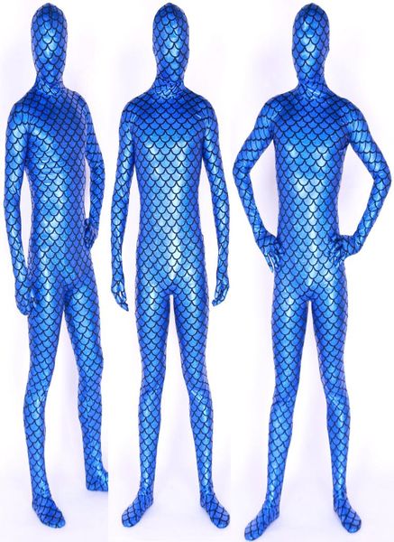 Costumi unisex in scala di pesce Costumi vestito blu lucido Lycra metallizzato Big FishScale Sirena Catsuit Costume Halloween Party Fancy 8314448