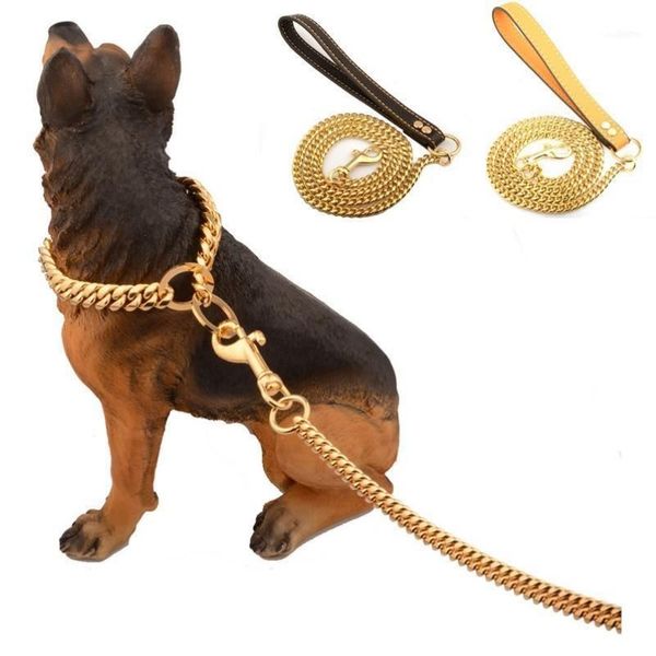 Guinzagli per cani con catena in oro per animali domestici in acciaio inossidabile Manico in pelle Guinzaglio portatile Cinghie per cani Cucciolo di cane Collare per addestramento per gatti Forniture11315L