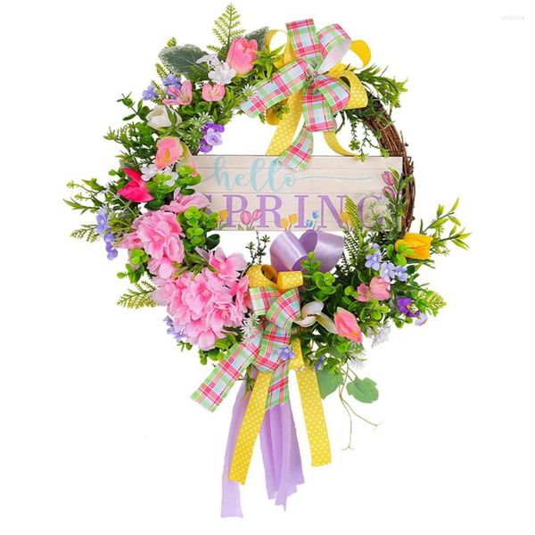 Flores decorativas grinalda de páscoa com laço tecido rattan anel guirlanda fita colorida artificial pequena lavanda feliz dia decoração