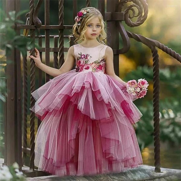 Mädchenkleider mit Spitzenaufklebern, mehrlagig, Prinzessin, Blumenkleid, Hochzeit, Party, Schönheitswettbewerb, Erstkommunion, Kinderkleid